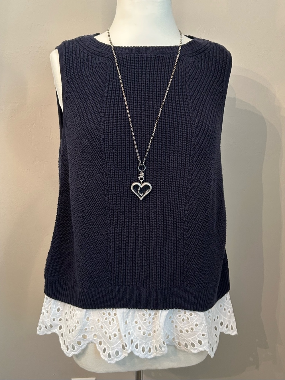 Ann Taylor LOFT Sweater Tank Navy Sleeveless Knit Shell with Eyelet Trim